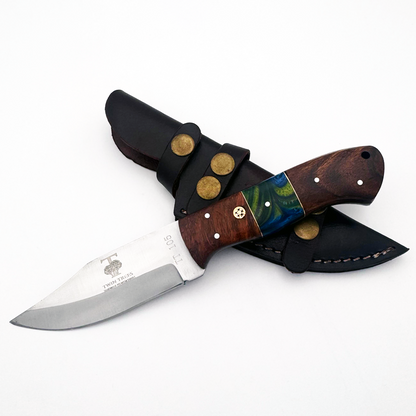 TT 105 4.75" Twin Trees Multicolor Wood & Acrylic Handle Fixed Blade Hunting Knife with Leather Sheath