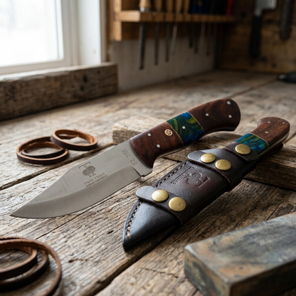 TT 105 4.75" Twin Trees Multicolor Wood & Acrylic Handle Fixed Blade Hunting Knife with Leather Sheath