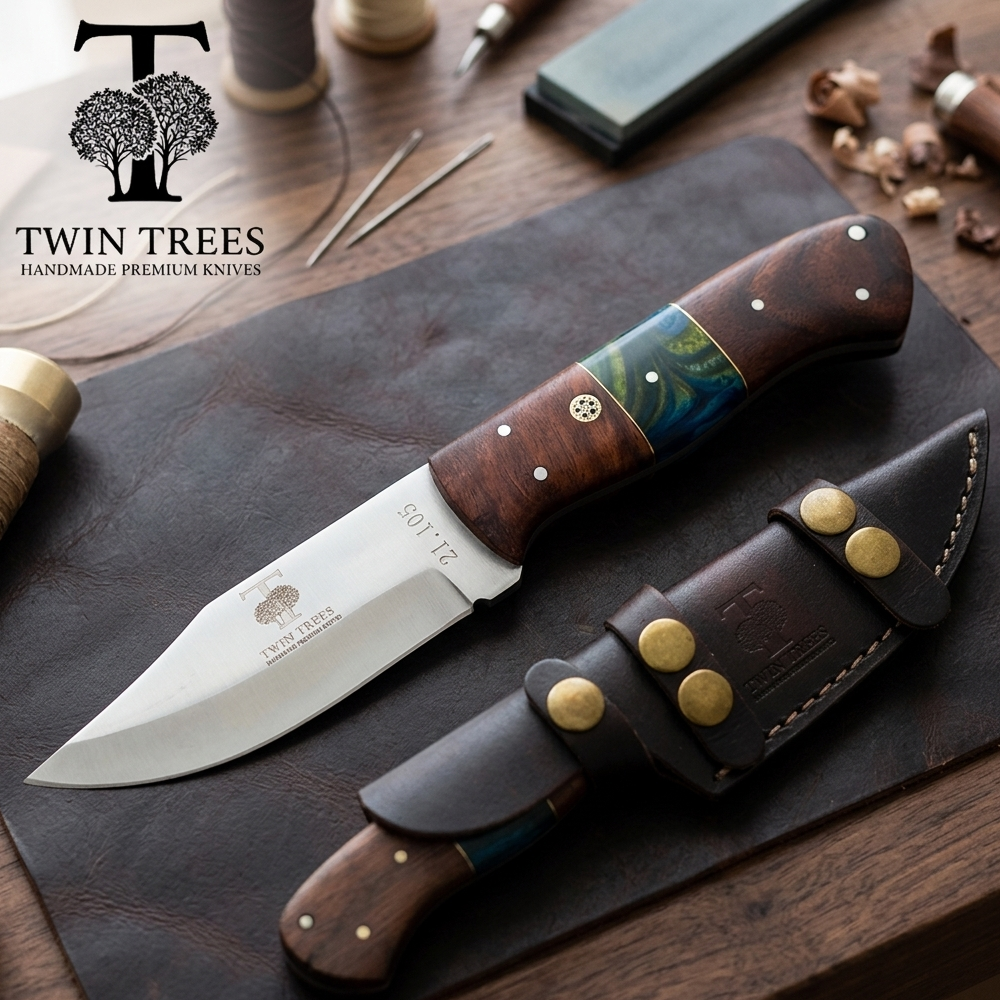 TT 105 4.75" Twin Trees Multicolor Wood & Acrylic Handle Fixed Blade Hunting Knife with Leather Sheath