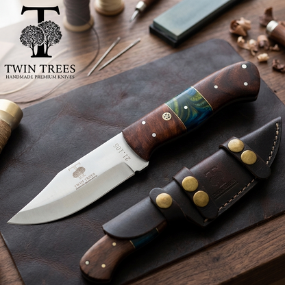 TT 105 4.75" Twin Trees Multicolor Wood & Acrylic Handle Fixed Blade Hunting Knife with Leather Sheath