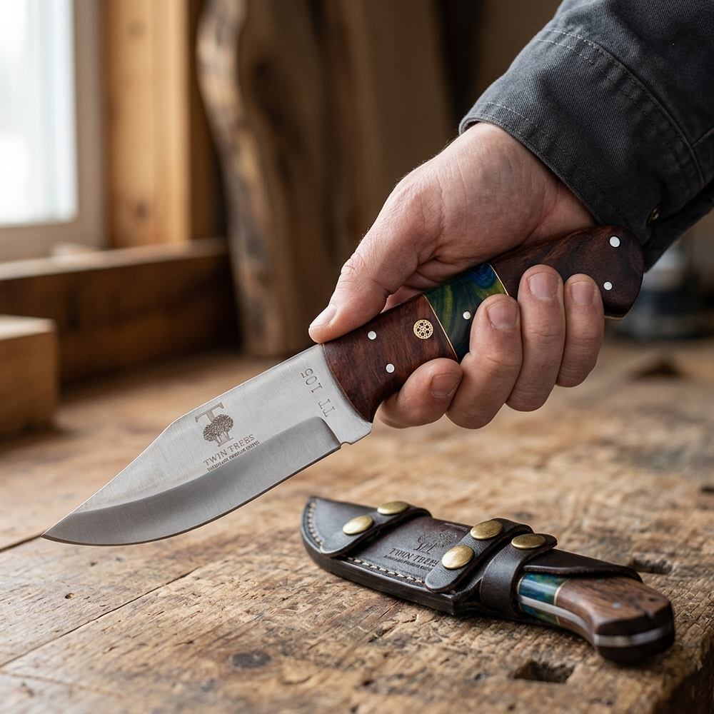 TT 105 4.75" Twin Trees Multicolor Wood & Acrylic Handle Fixed Blade Hunting Knife with Leather Sheath