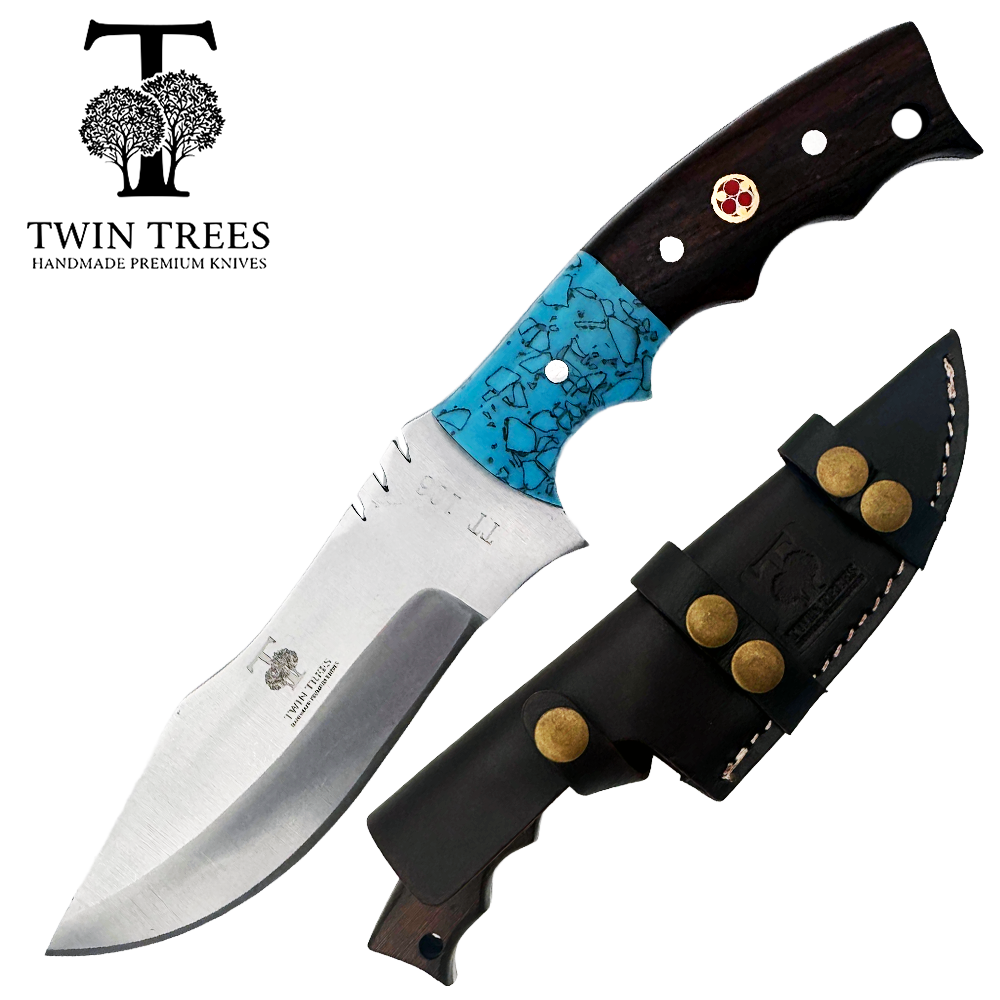 TT 106 4.25" Twin Trees Blue Acrylic & Wood Handle Fixed Blade Hunting Knife with Leather Sheath