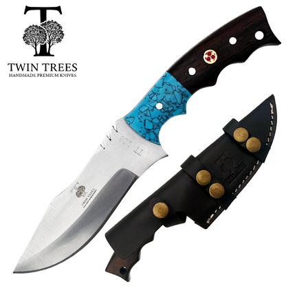 TT 106 4.25" Twin Trees Blue Acrylic & Wood Handle Fixed Blade Hunting Knife with Leather Sheath