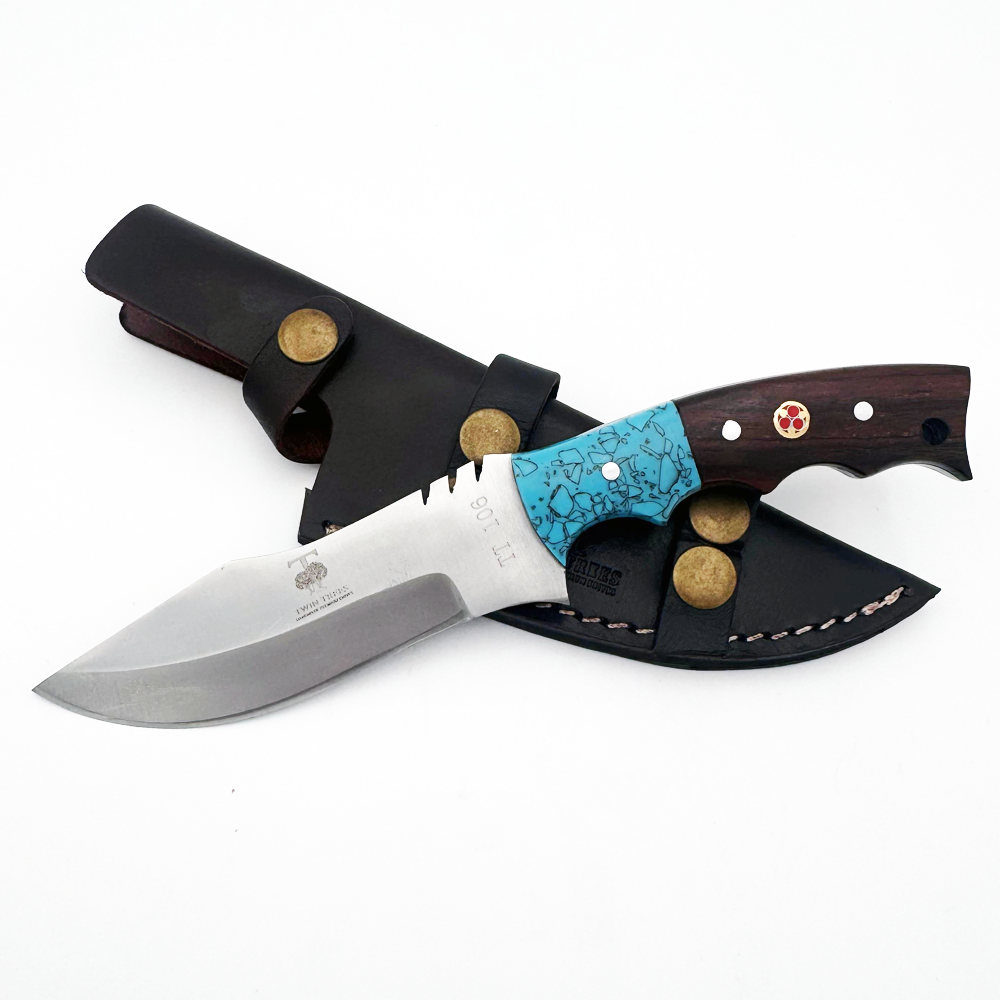 TT 106 4.25" Twin Trees Blue Acrylic & Wood Handle Fixed Blade Hunting Knife with Leather Sheath