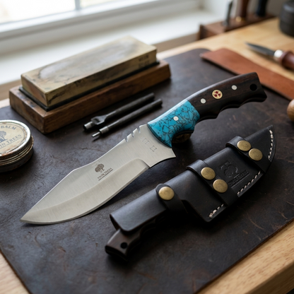 TT 106 4.25" Twin Trees Blue Acrylic & Wood Handle Fixed Blade Hunting Knife with Leather Sheath