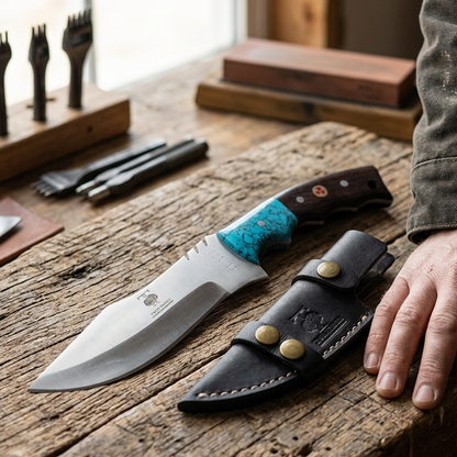 TT 106 4.25" Twin Trees Blue Acrylic & Wood Handle Fixed Blade Hunting Knife with Leather Sheath