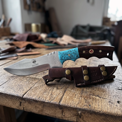 TT 106 4.25" Twin Trees Blue Acrylic & Wood Handle Fixed Blade Hunting Knife with Leather Sheath