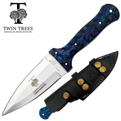 TT 107-BL 4.5" Twin Trees Blue Wood Handle Fixed Blade Hunting Knife with Leather Sheath