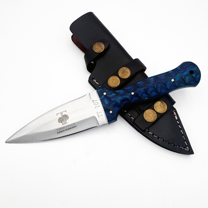 TT 107-BL 4.5" Twin Trees Blue Wood Handle Fixed Blade Hunting Knife with Leather Sheath