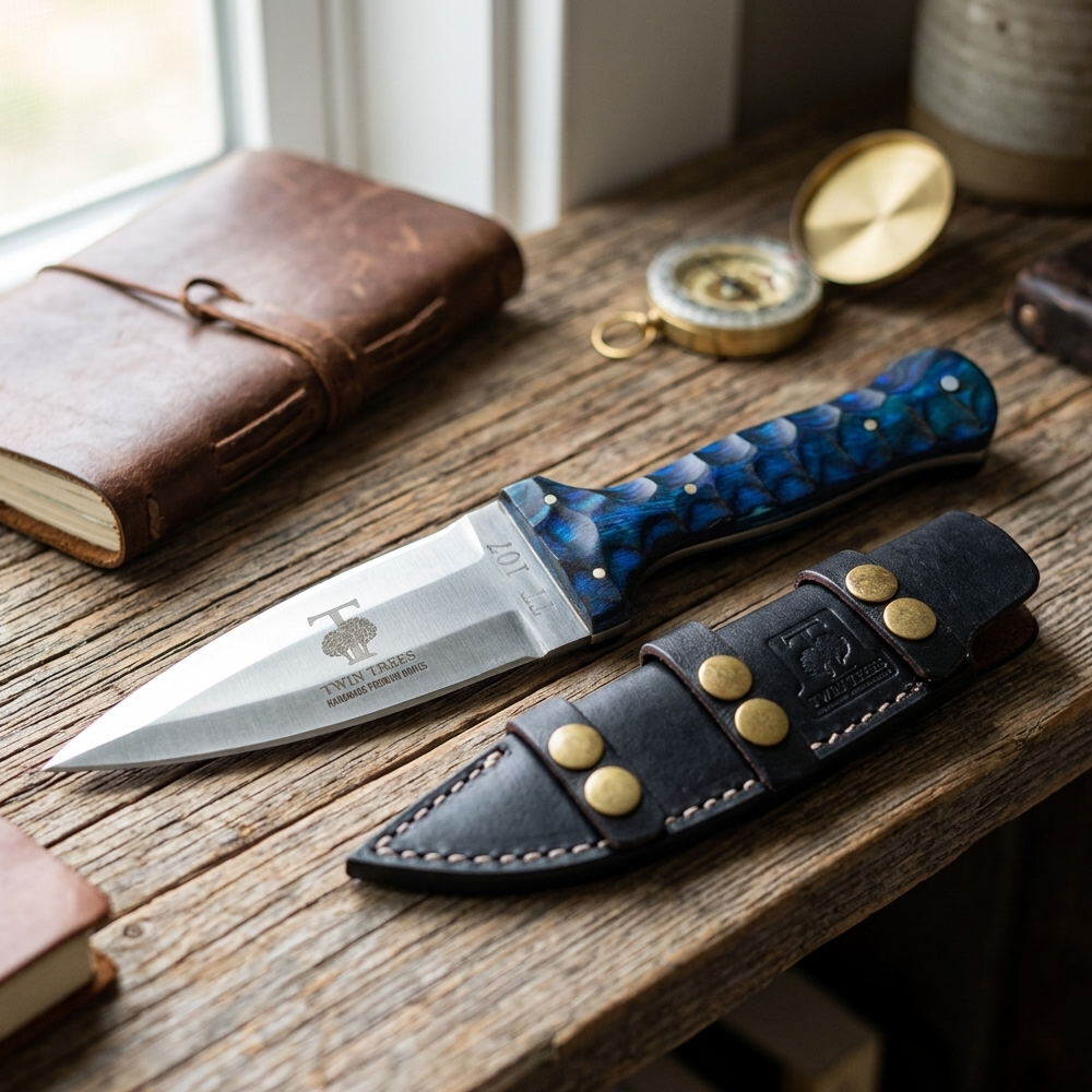 TT 107-BL 4.5" Twin Trees Blue Wood Handle Fixed Blade Hunting Knife with Leather Sheath