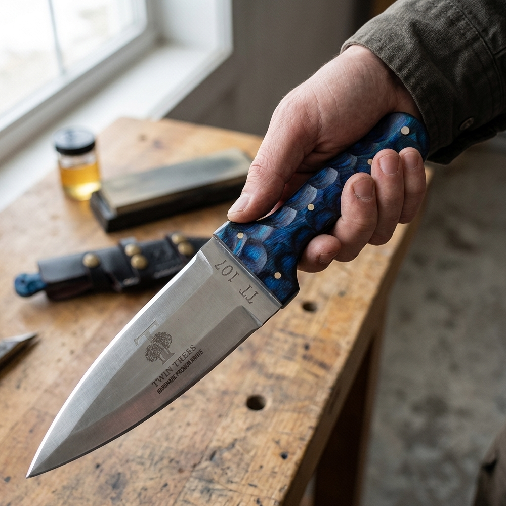 TT 107-BL 4.5" Twin Trees Blue Wood Handle Fixed Blade Hunting Knife with Leather Sheath