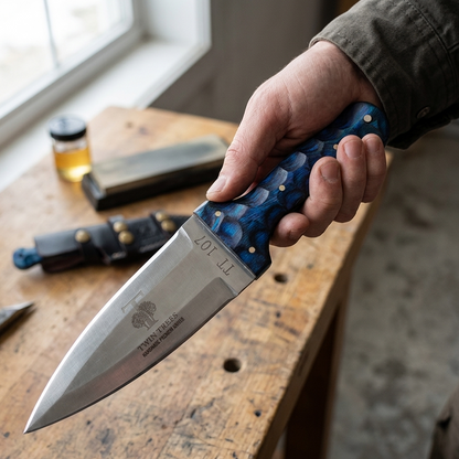 TT 107-BL 4.5" Twin Trees Blue Wood Handle Fixed Blade Hunting Knife with Leather Sheath