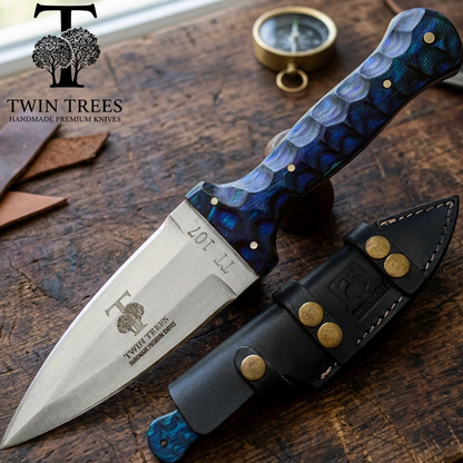 TT 107-BL 4.5" Twin Trees Blue Wood Handle Fixed Blade Hunting Knife with Leather Sheath