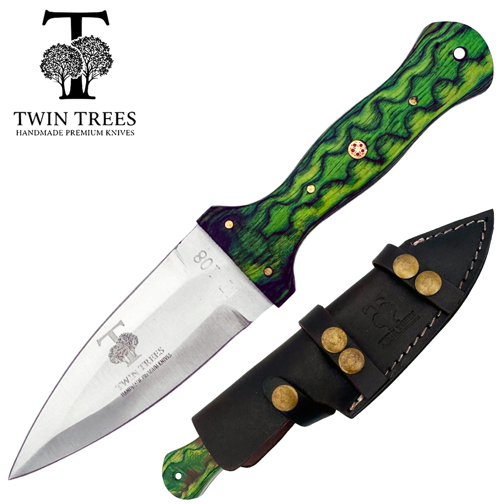 TT 108-GN 4.5" Twin Trees Green Wood Handle Fixed Blade Hunting Knife with Leather Sheath