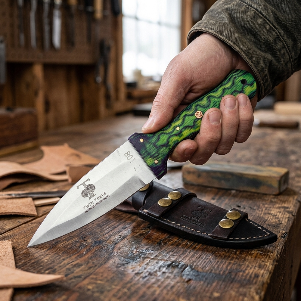 TT 108-GN 4.5" Twin Trees Green Wood Handle Fixed Blade Hunting Knife with Leather Sheath