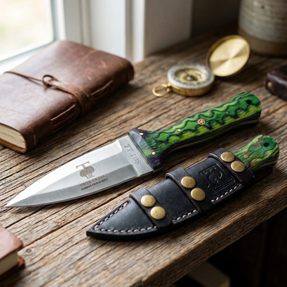 TT 108-GN 4.5" Twin Trees Green Wood Handle Fixed Blade Hunting Knife with Leather Sheath