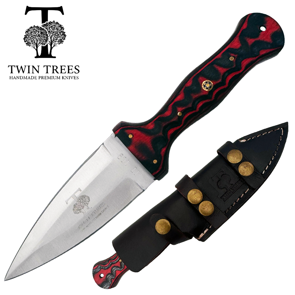 TT 109-RD 4.5" Twin Trees Red Wood Handle Fixed Blade Hunting Knife with Leather Sheath