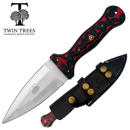 TT 109-RD 4.5" Twin Trees Red Wood Handle Fixed Blade Hunting Knife with Leather Sheath