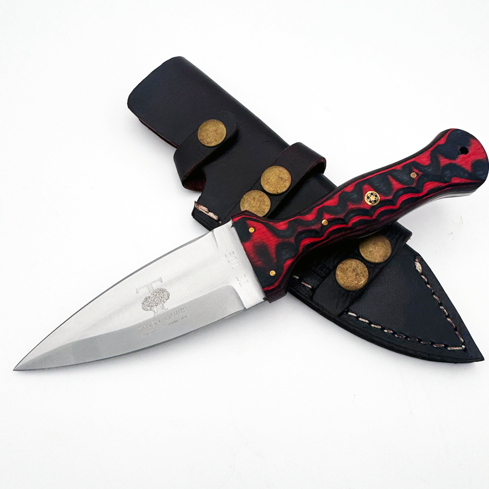 TT 109-RD 4.5" Twin Trees Red Wood Handle Fixed Blade Hunting Knife with Leather Sheath