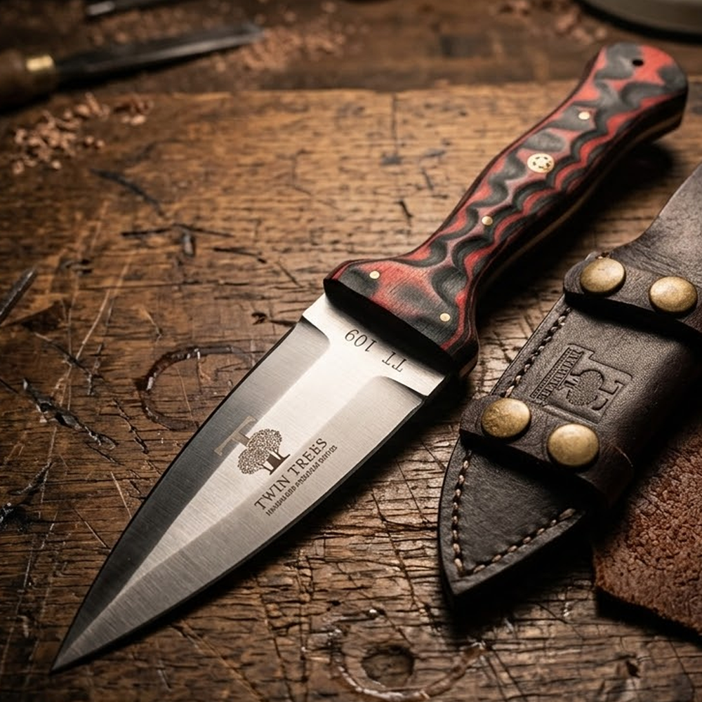 TT 109-RD 4.5" Twin Trees Red Wood Handle Fixed Blade Hunting Knife with Leather Sheath