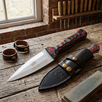TT 109-RD 4.5" Twin Trees Red Wood Handle Fixed Blade Hunting Knife with Leather Sheath