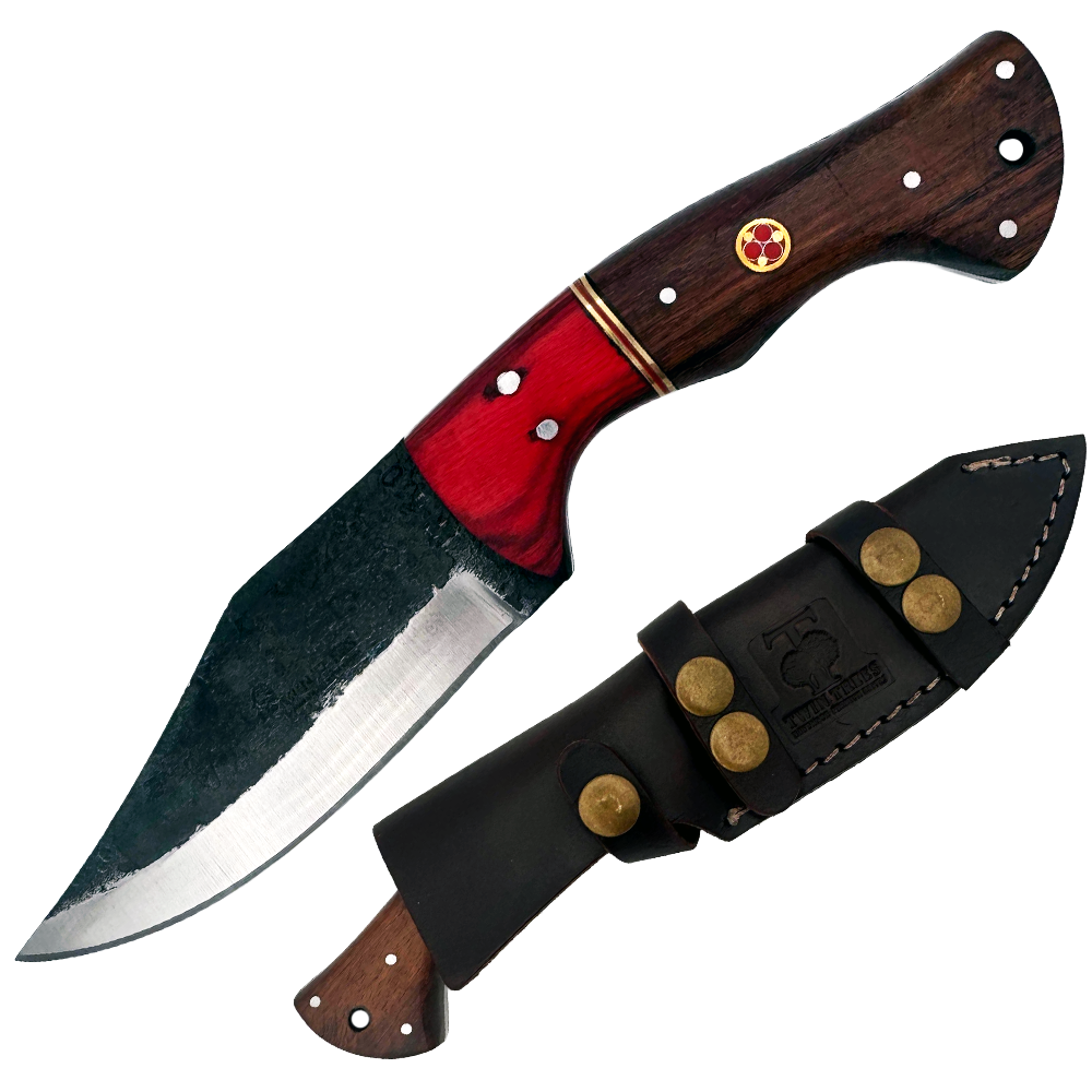 TT 110 4.5" Black Scale Red Wood Fixed Blade Hunting Knife with Leather Sheath
