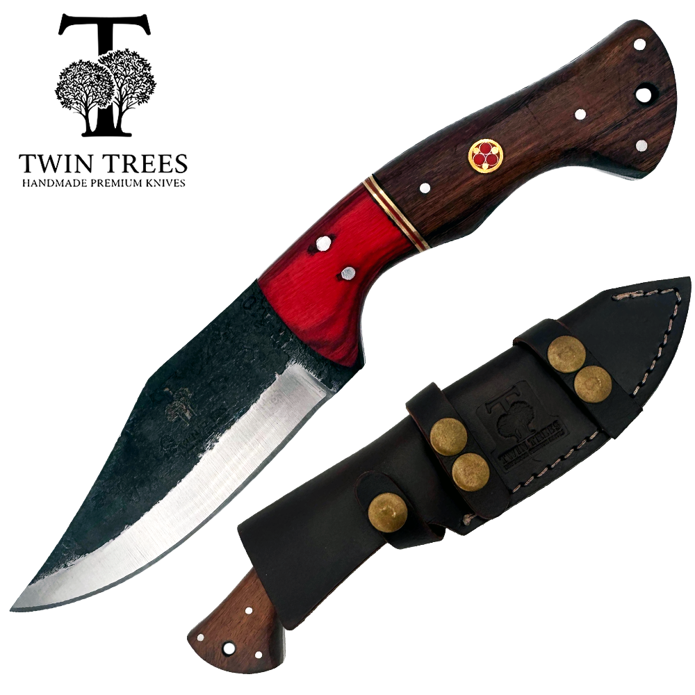 TT 110 4.5" Twin Tree Black Scale Red Wood Fixed Blade Hunting Knife with Leather Sheath