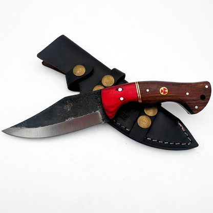 TT 110 4.5" Twin Tree Black Scale Red Wood Fixed Blade Hunting Knife with Leather Sheath