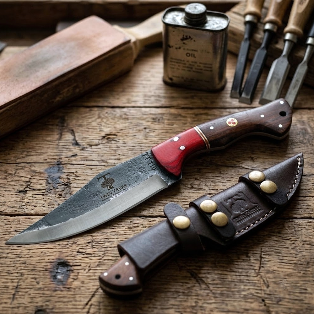 TT 110 4.5" Twin Tree Black Scale Red Wood Fixed Blade Hunting Knife with Leather Sheath