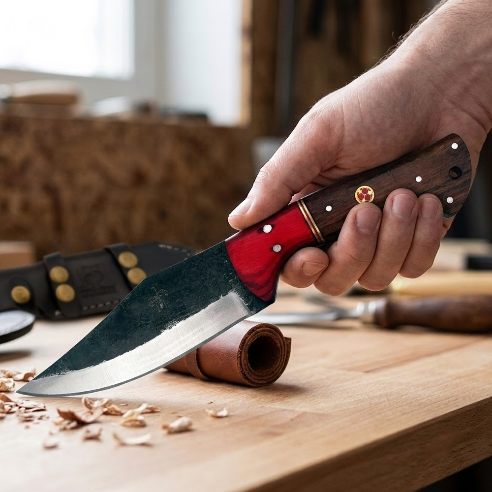 TT 110 4.5" Twin Tree Black Scale Red Wood Fixed Blade Hunting Knife with Leather Sheath