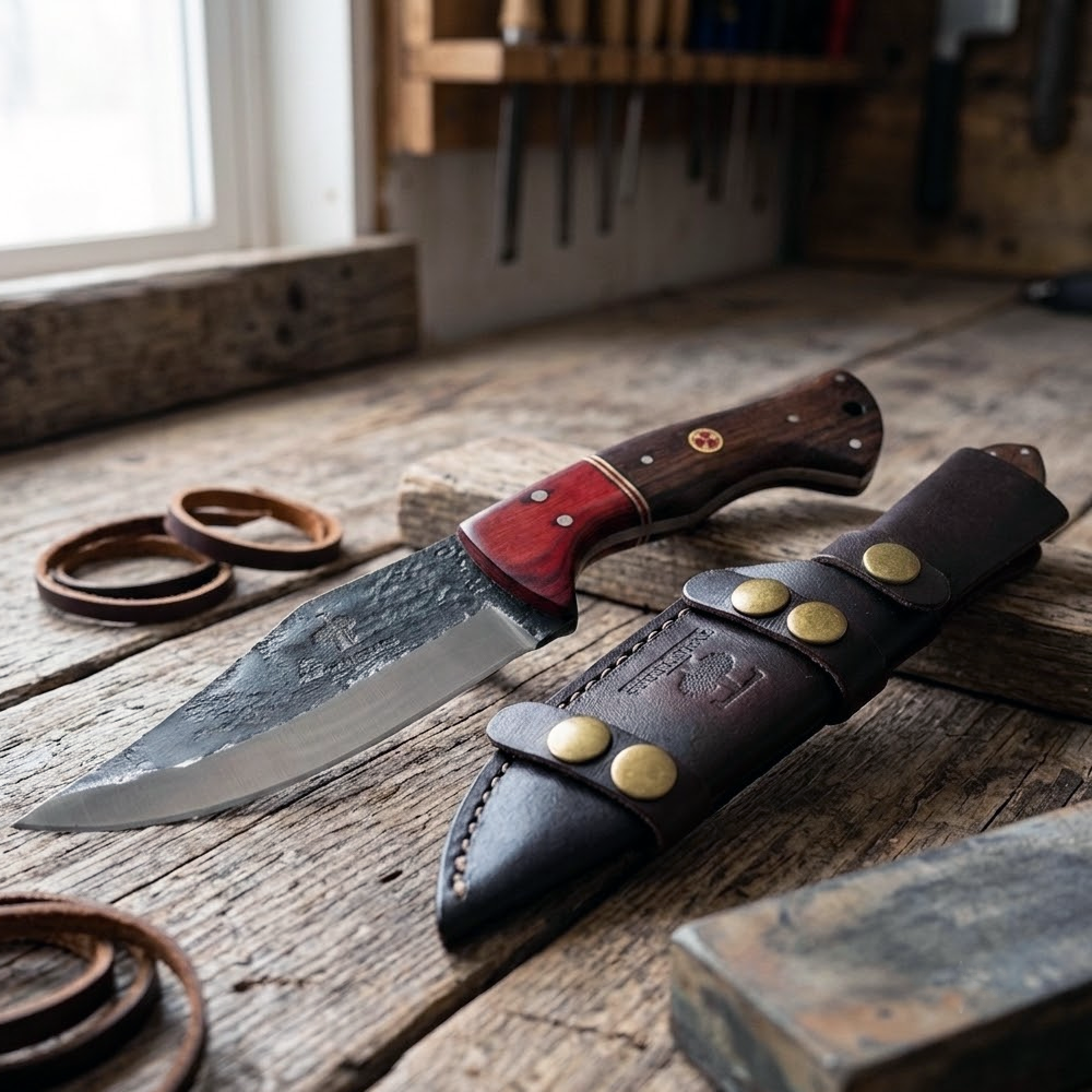 TT 110 4.5" Twin Tree Black Scale Red Wood Fixed Blade Hunting Knife with Leather Sheath