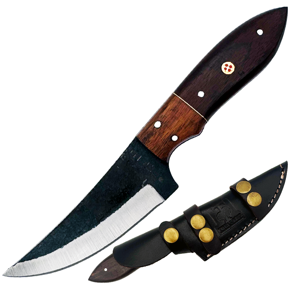 TT 111 4.5" Black Scale Wood Fixed Blade Hunting Knife with Leather Sheath