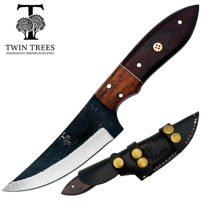 TT 111 4.5" Twin Tree Black Scale Wood Fixed Blade Hunting Knife with Leather Sheath