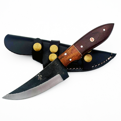 TT 111 4.5" Twin Tree Black Scale Wood Fixed Blade Hunting Knife with Leather Sheath
