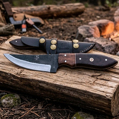 TT 111 4.5" Twin Tree Black Scale Wood Fixed Blade Hunting Knife with Leather Sheath