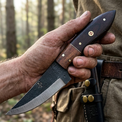 TT 111 4.5" Twin Tree Black Scale Wood Fixed Blade Hunting Knife with Leather Sheath