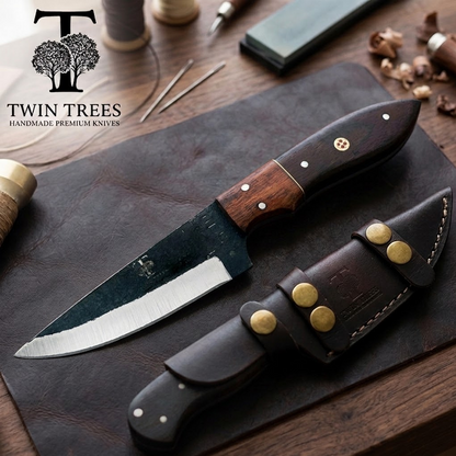 TT 111 4.5" Twin Tree Black Scale Wood Fixed Blade Hunting Knife with Leather Sheath