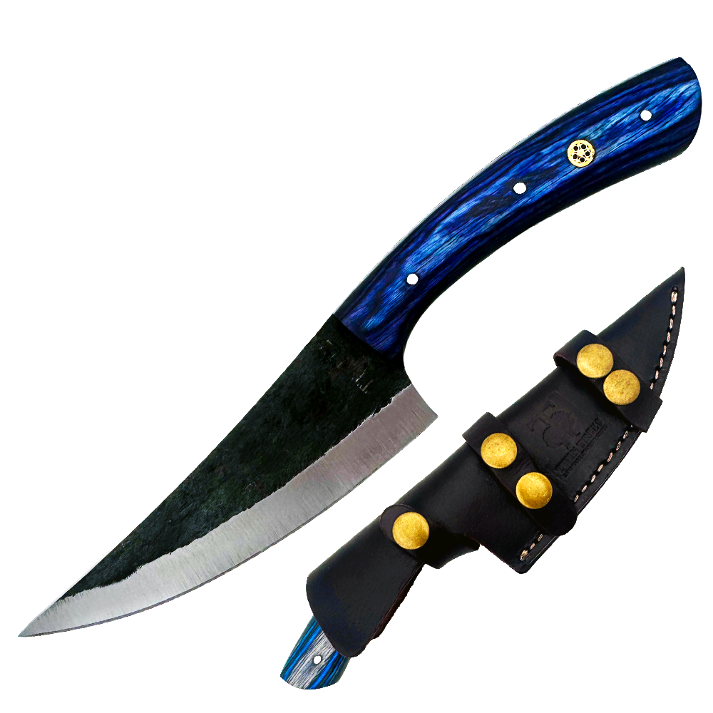 TT 112 4.25" Black Scale Blue Wood Fixed Blade Hunting Knife with Leather Sheath