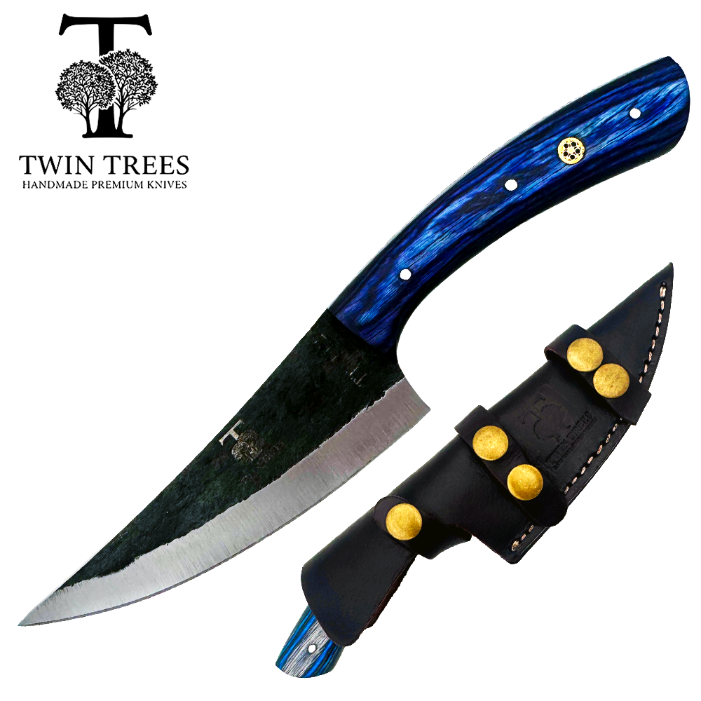 TT 112 4.25" Twin Tree Black Scale Blue Wood Fixed Blade Hunting Knife with Leather Sheath