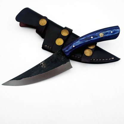 TT 112 4.25" Twin Tree Black Scale Blue Wood Fixed Blade Hunting Knife with Leather Sheath