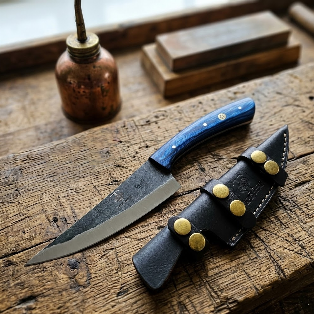 TT 112 4.25" Twin Tree Black Scale Blue Wood Fixed Blade Hunting Knife with Leather Sheath
