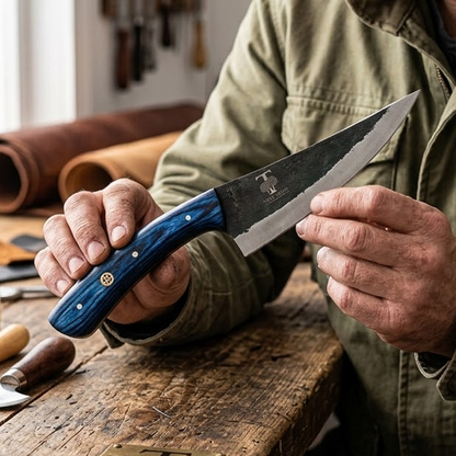 TT 112 4.25" Twin Tree Black Scale Blue Wood Fixed Blade Hunting Knife with Leather Sheath