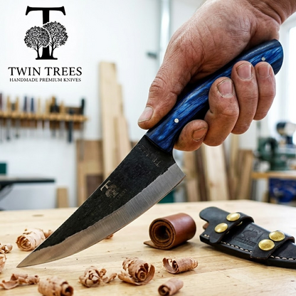 TT 112 4.25" Twin Tree Black Scale Blue Wood Fixed Blade Hunting Knife with Leather Sheath
