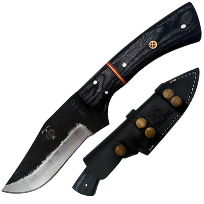 TT 113 5" Twin Tree Black Scale Black Wood Fixed Blade Hunting Knife with Leather Sheath