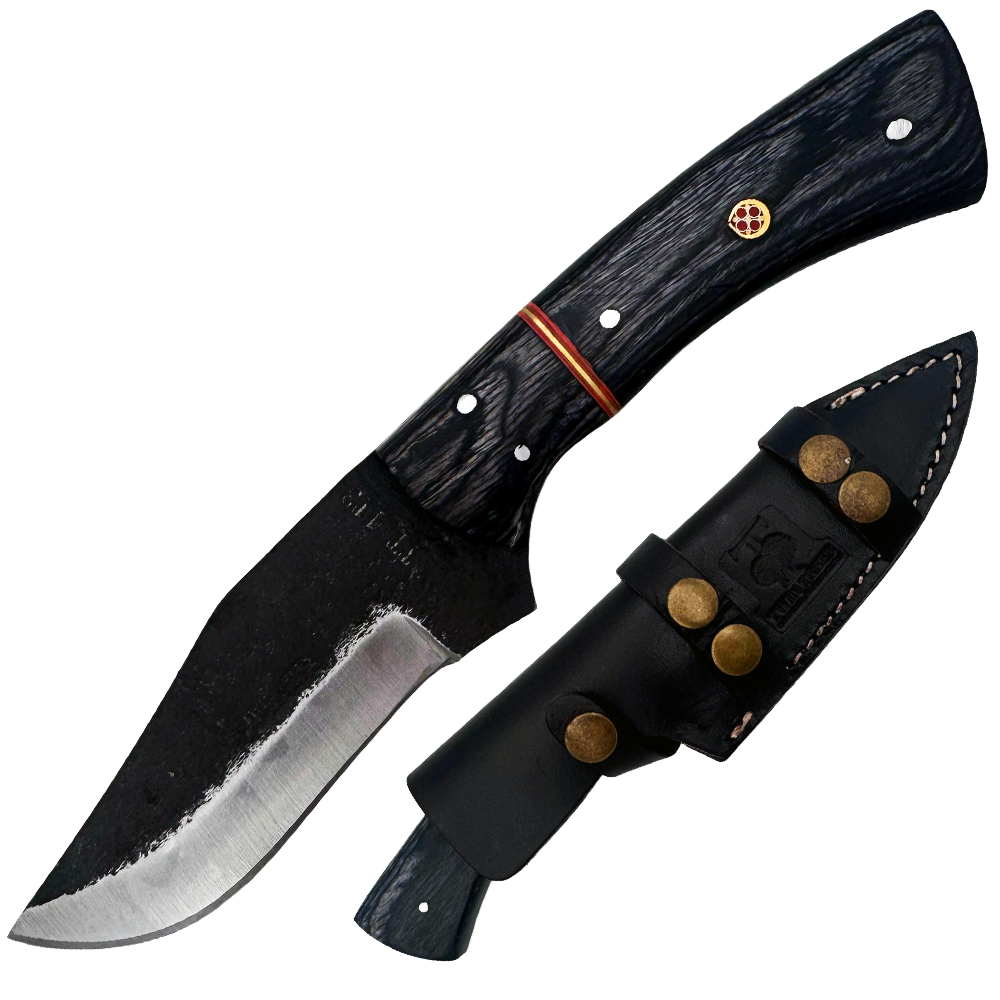 TT 113 5" Black Scale Black Wood Fixed Blade Hunting Knife with Leather Sheath