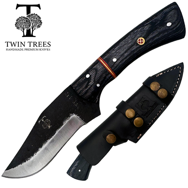 TT 113 5" Twin Tree Black Scale Black Wood Fixed Blade Hunting Knife with Leather Sheath