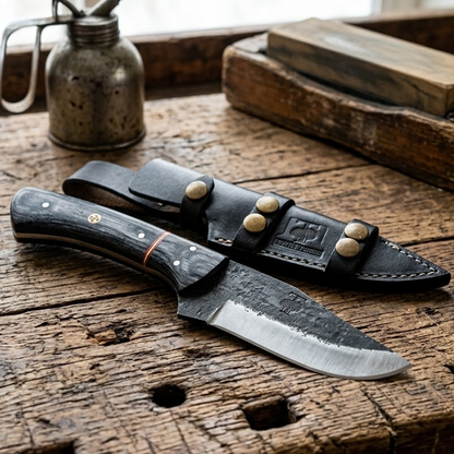 TT 113 5" Twin Tree Black Scale Black Wood Fixed Blade Hunting Knife with Leather Sheath