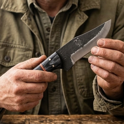 TT 113 5" Twin Tree Black Scale Black Wood Fixed Blade Hunting Knife with Leather Sheath