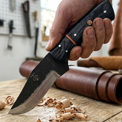 TT 113 5" Twin Tree Black Scale Black Wood Fixed Blade Hunting Knife with Leather Sheath