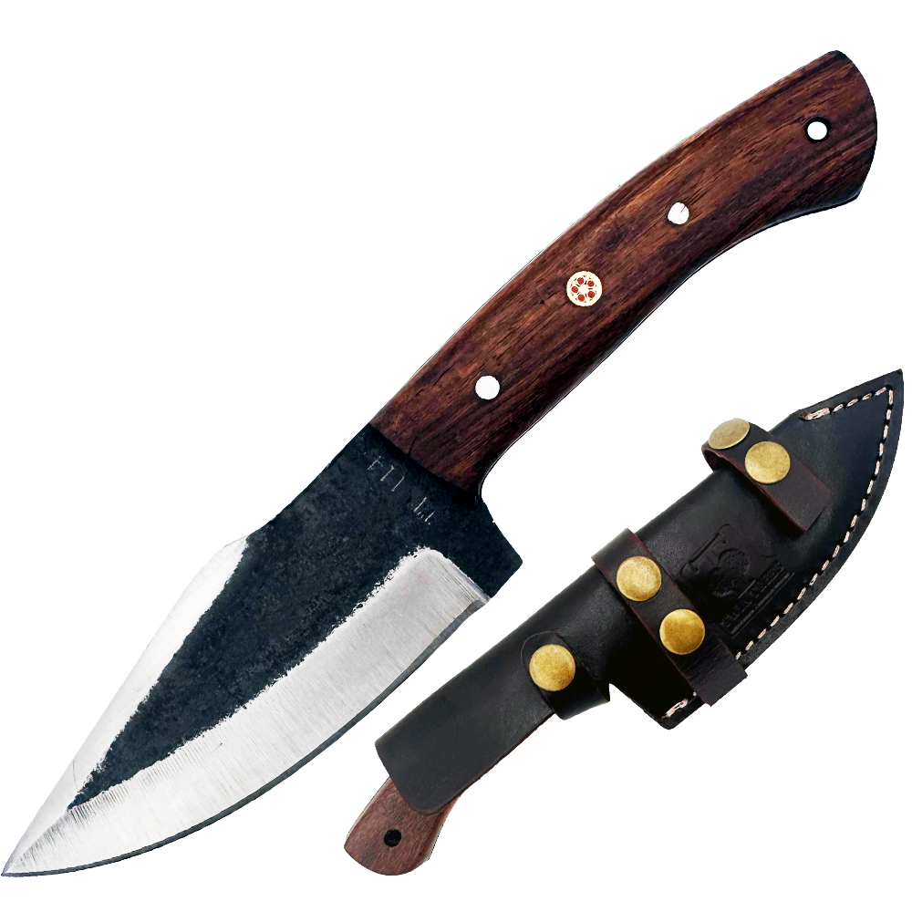 TT 114 4.55" Black Scale Wood Fixed Blade Hunting Knife with Leather Sheath